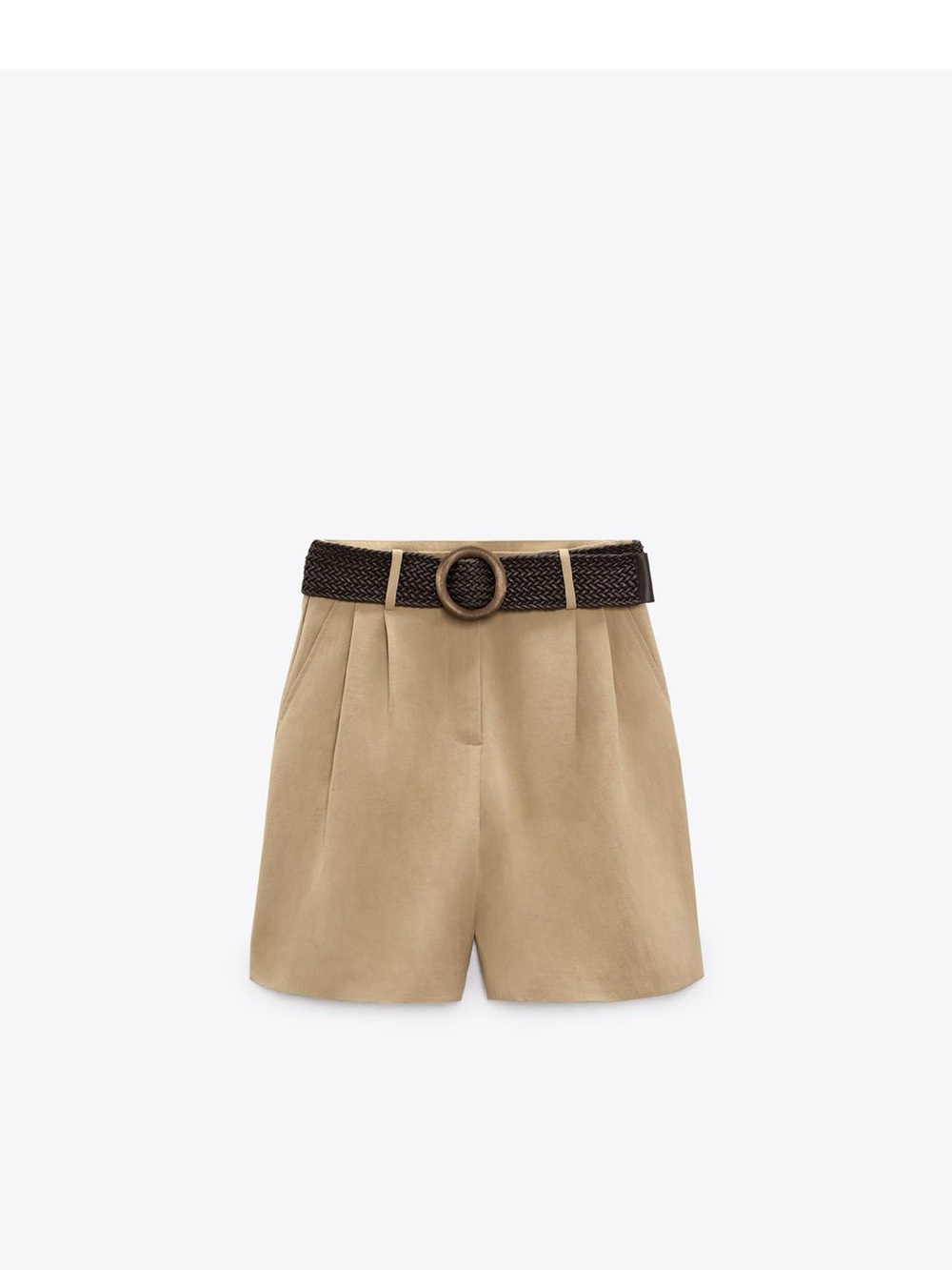 Zara Tan High-Waist Pleated Shorts with Dark Brown Woven Belt